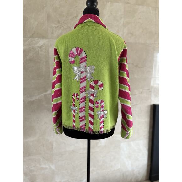 Design Options Philip Jane Gordon Cardigan - S Green Pink Candy Cane Beaded WOW! - Picture 8 of 10